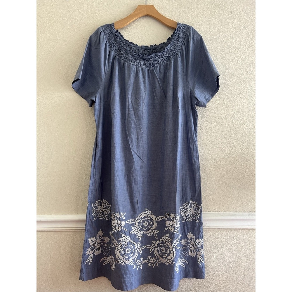 Talbots Blue Cotton Chambray Dress 16 XL Smocked Neck Floral Embroidered Hem - Picture 1 of 7